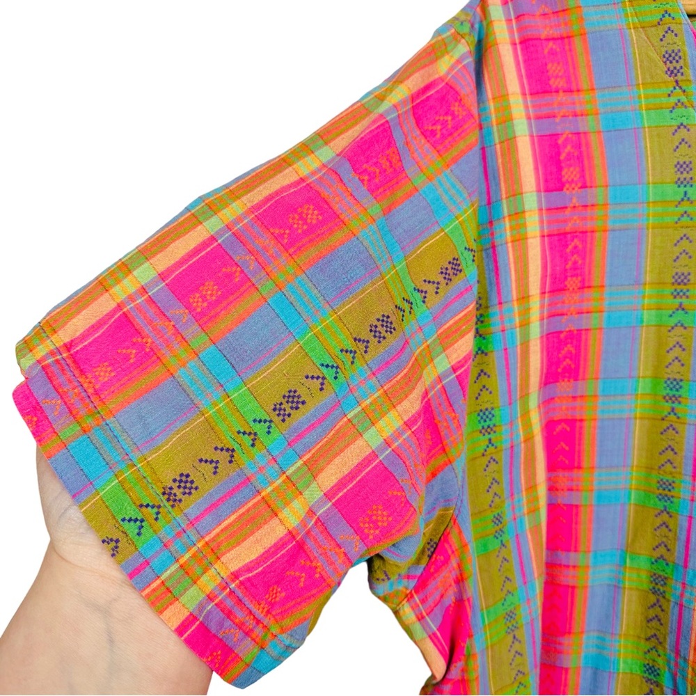 Vintage 80’s Cottagecore  Rainbow Plaid Short Sleeve Oversized Pullover Blouse - Picture 7 of 12